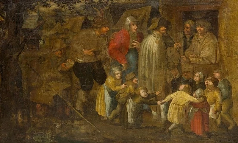 Scena del villaggio con un suonatore di ghironda